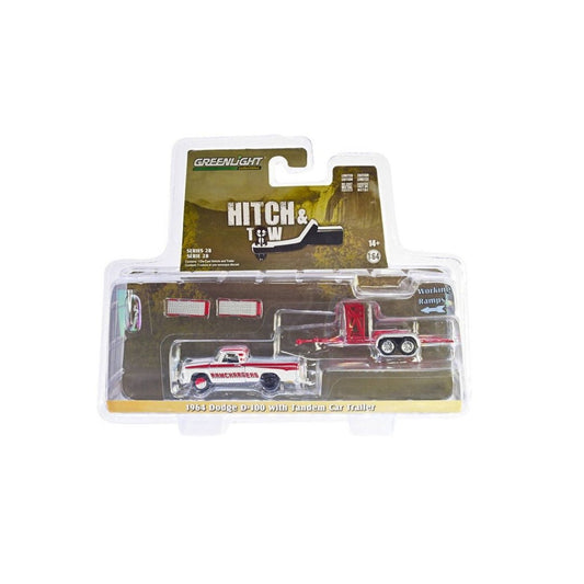 Hitch & Tow Series 28 - 1964 Dodge D-100 Ramchargers with Tandem Car Trailer - Ramchargers Solid Pack 32280-A, Greenlight 1:64