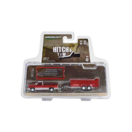 Hitch & Tow Series 28- 1983 Chevrolet K20 Scottsdale with Double-Axle Dump Trailer 32280-C, Greenlight 1:64