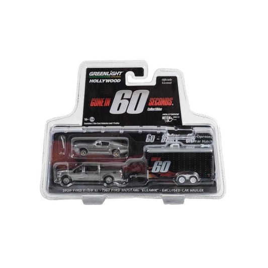 Hollywood Hitch & Tow Series 12 - Gone in Sixty Seconds (2000) - 2020 Ford F-150 XL with STX Package with 1967 Custom Ford Mustang Eleanor (Damaged) in Enclosed Car Hauler Solid Pack 31160-A, Greenlight 1:64