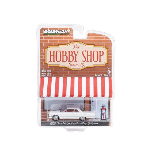 The Hobby Shop Series 15- 1963 Chevrolet Bel Air with Vintage Gas Pump 97150-A Greenlight 1:64
